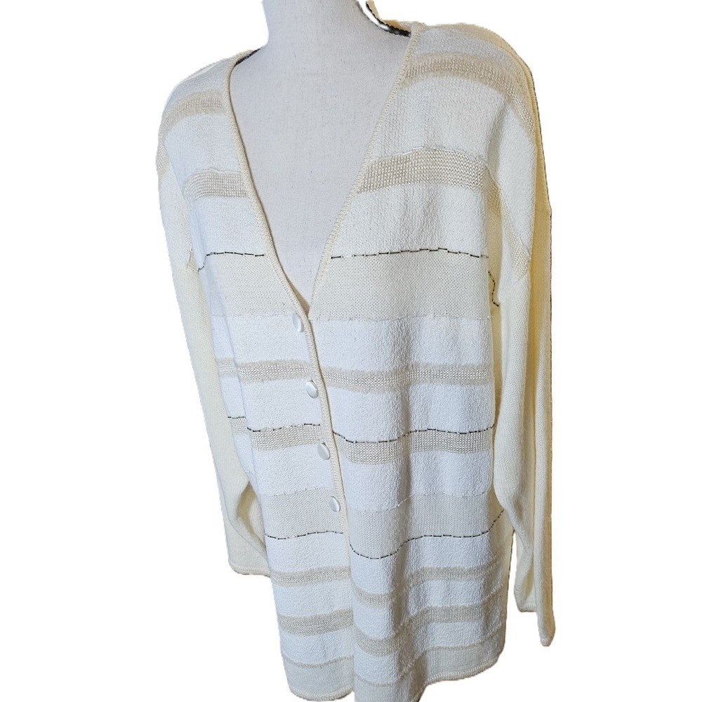 Vintage 80's Norton Mcnaughton Beaded Button-Up Cream Cardigan/Sweater SZ L